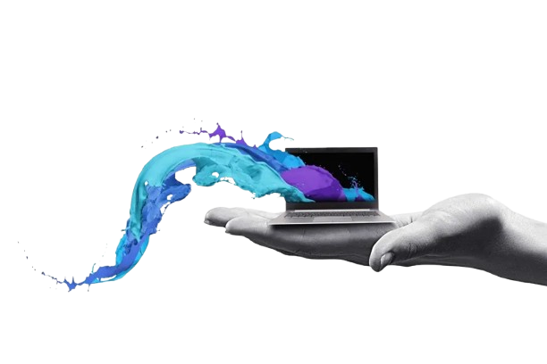 Laptop in hand with vivid paint splash — creative repair